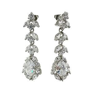 Stunning Royal Bridal Style Cubic Zirconia Teardrop Silver Tone 2" Earrings